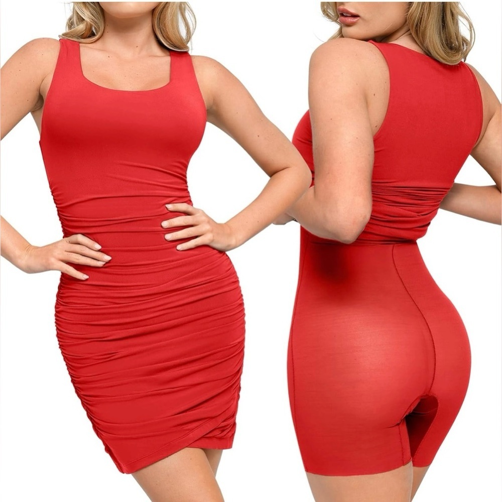Popilush Mini Dress Ruched Dress U-neck Shapewear Sleeveless Built-in Bra